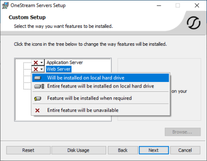 Custom Setup dialog box with Web Server drop down menu displayed